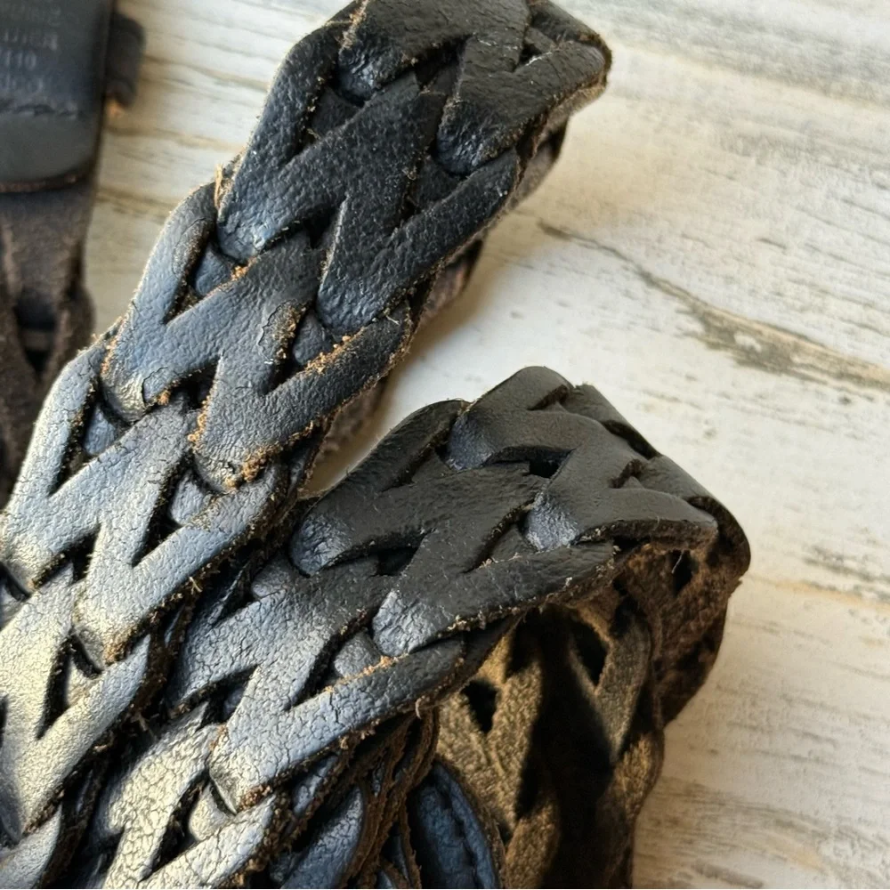 Vintage Dark Brown Leather Belt Open Weave Braided Woven Unisex OSFM (44/110)